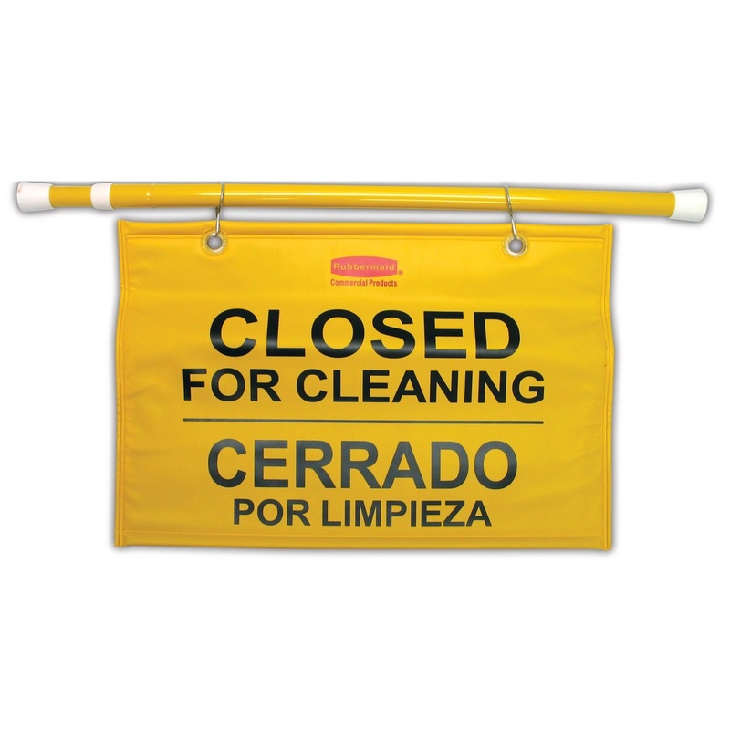 Rubbermaid FG9S1600YEL Multi-Lingual "Closed For Cleaning" Hanging Doorway Safety Sign 44"W x 13"H - Yellow