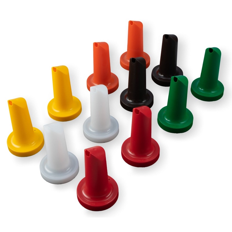 Carlisle PS204AST00 PourPlus Store 'N Pour Polyethylene Pour Spout with Integrated Neck 3-1/2" - Assorted Colors - 12/Set