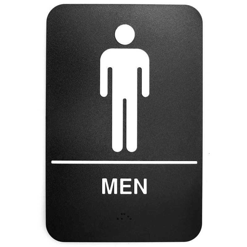 TableCraft 695635 Plastic ADA "Men" Restroom Sign with Braille 6" x 9" - Black / White