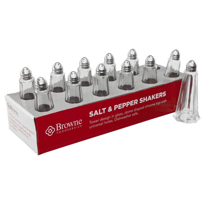 Browne 575221 Tower Glass Salt & Pepper Shaker with Chrome-Plated Top 1 oz. - Clear - 12/Set