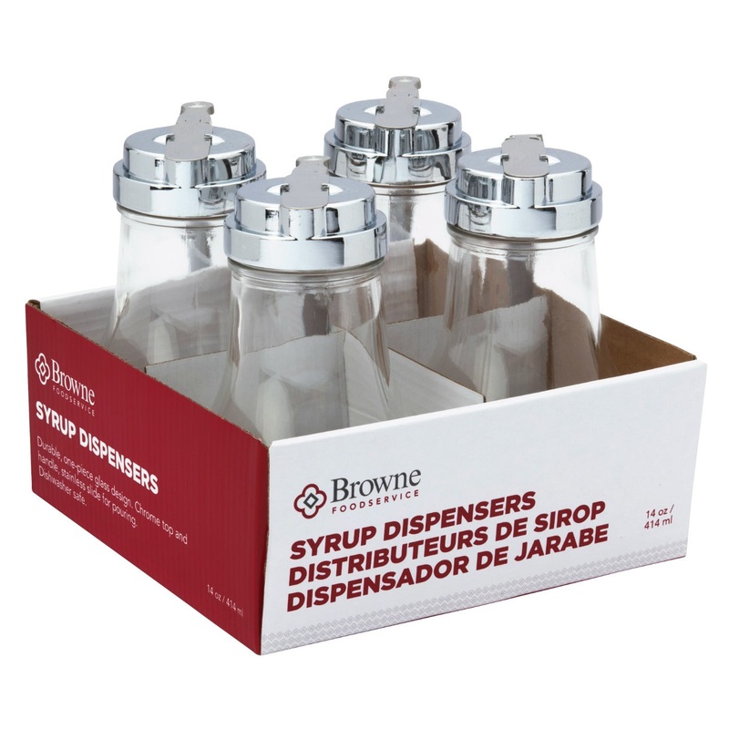 Browne 575229 Teardrop Glass Syrup Dispenser with Chrome-Plated Metal Top & Handle 14 oz. - 4/Set