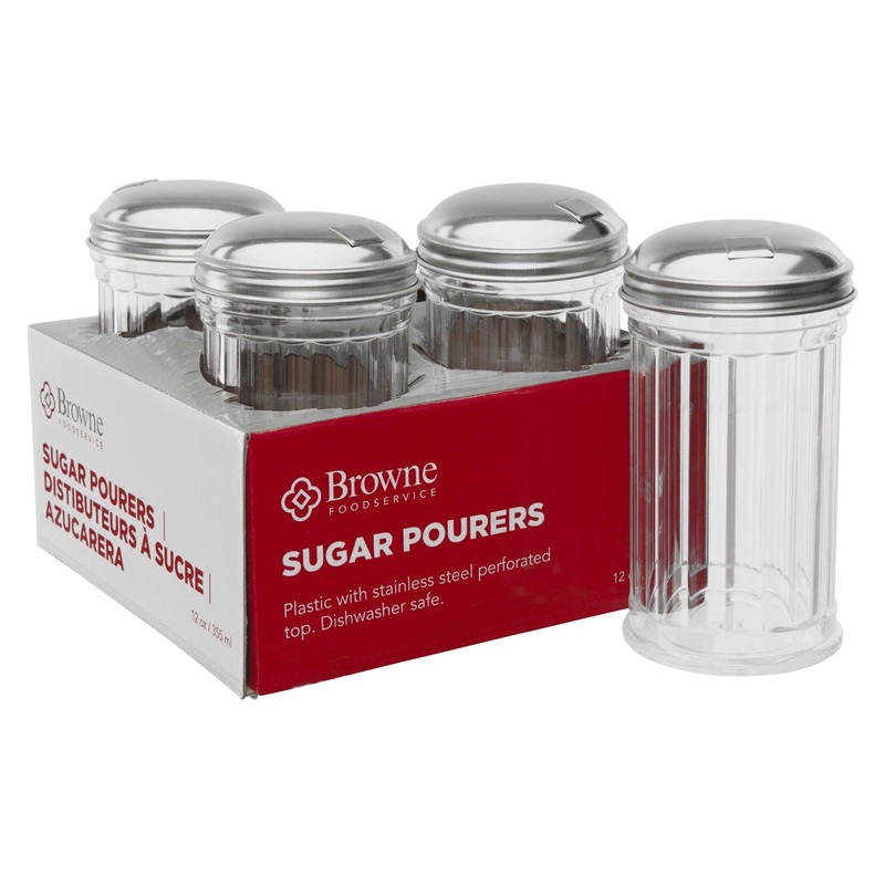 Browne 575231 Round Fluted Plastic Sugar Pourer with Stainless Steel Top 12 oz. - Clear - 4/Set