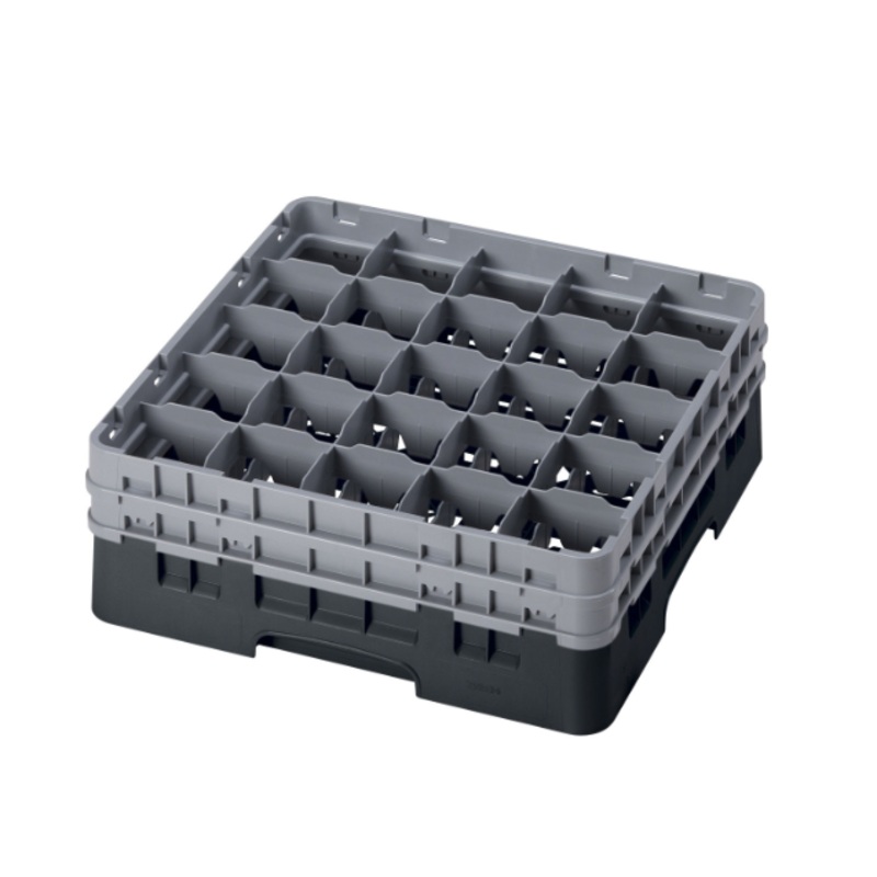 Cambro 25S534110 Camrack 25-Compartment Full Size Low Profile Glass Rack with (2) Soft Gray Extenders 6-1/8"H - Black - 4/Case