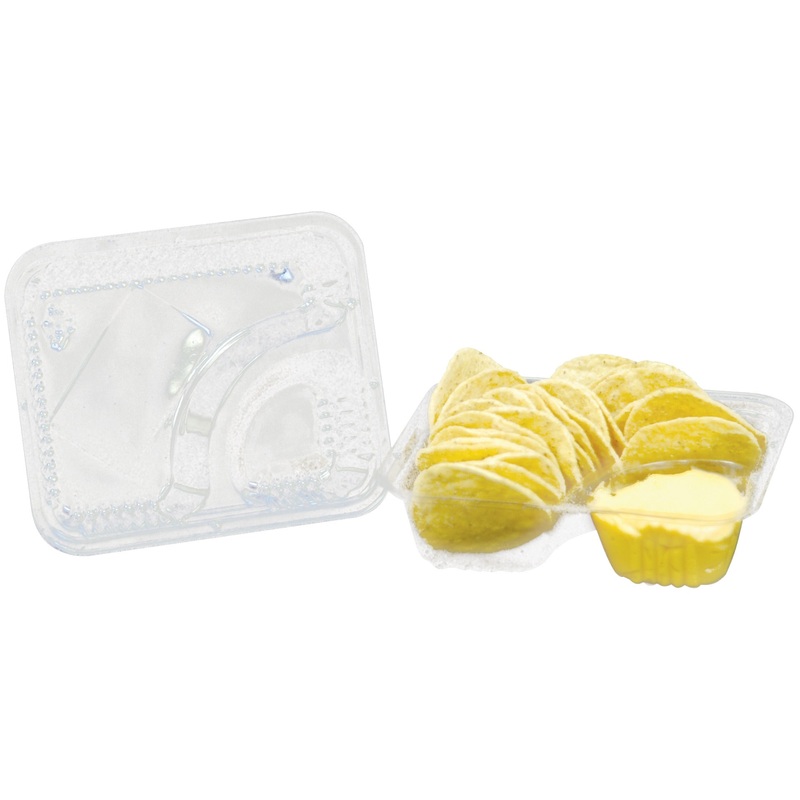 Winco 53021 Disposable Plastic 2-Compartment Nacho Serving Trays 5" x 6" - Clear - 50/Pack