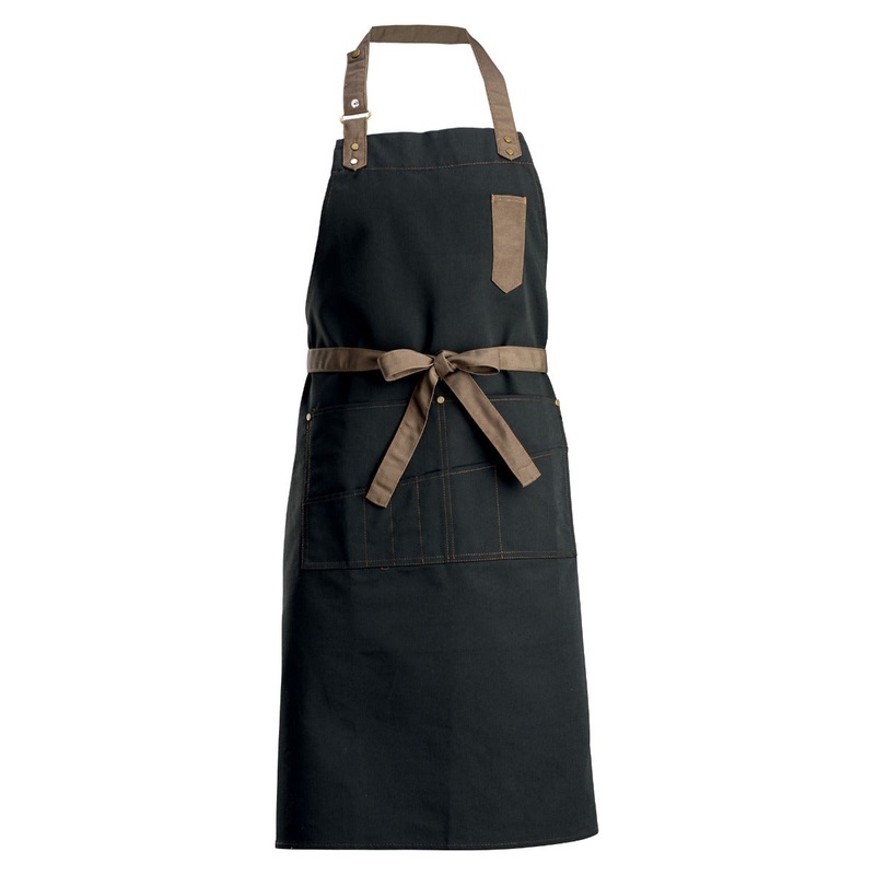 Winco BA-3327K Signature Chef Poly-Cotton Mid-Weight Adjustable Full Length Bib Apron with 8 Waist Pockets and 1 Thermometer/Pen Pocket 33-1/2"L x 27"W- Black - 24/Case