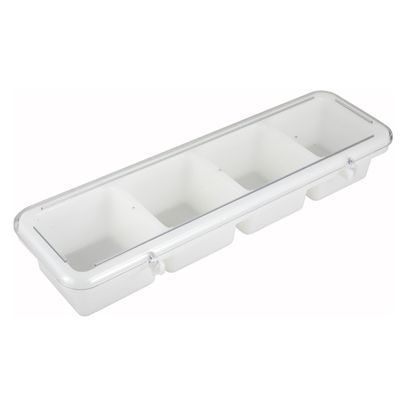 Winco BC-4P Plastic 4-Compartment Bar Caddy Condiment Holder with Clear Cover 18"L x 5"W x 3"H - White - 2/Case