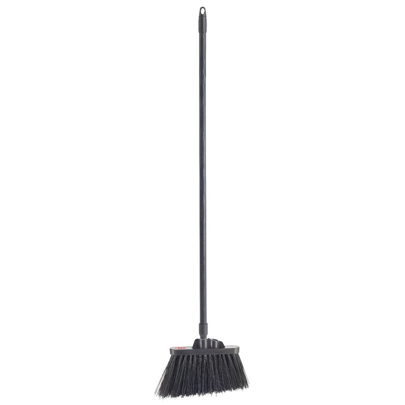 Winco BRAU-9K-H Heavy-Duty Angled Broom with Black Unflagged Bristles and 48"L Black Fiberglass Handle - 12/Case