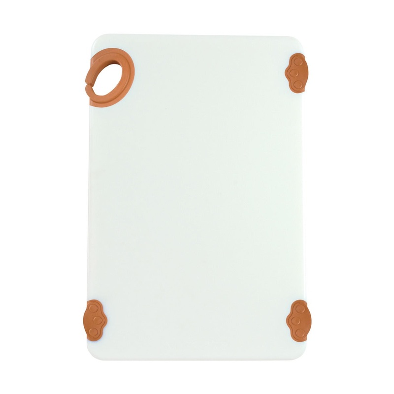Winco CBN-1218BN STATIKBoard Co-Polymer HACCP Color-Coded Cutting Board with Rubber Grip Hook and Non-Slip Feet 12" x 18" x 1/2" - Brown / White - 6/Case