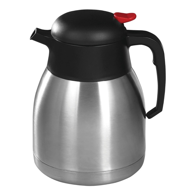 Winco CF-1.2 Stainless Steel Lined Insulated Carafe with Plastic Black/Red Push Button Top - 1.2 Liter - 8/Case