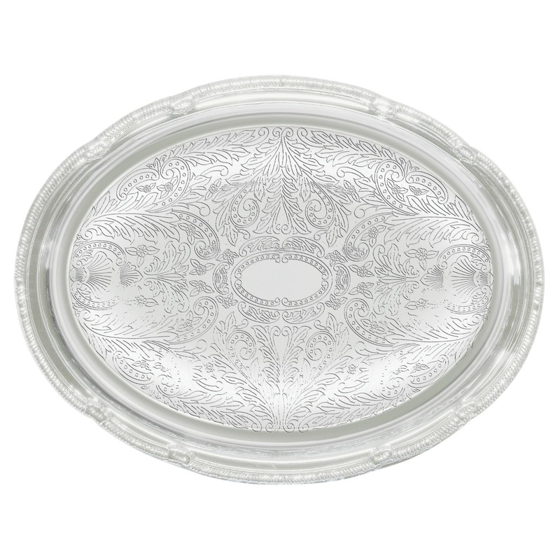 Winco CMT-1420 Chrome-Plated Octagonal Serving Tray with Gadroon Edge and Traditional Engraving 20" x 14" - 24/Case