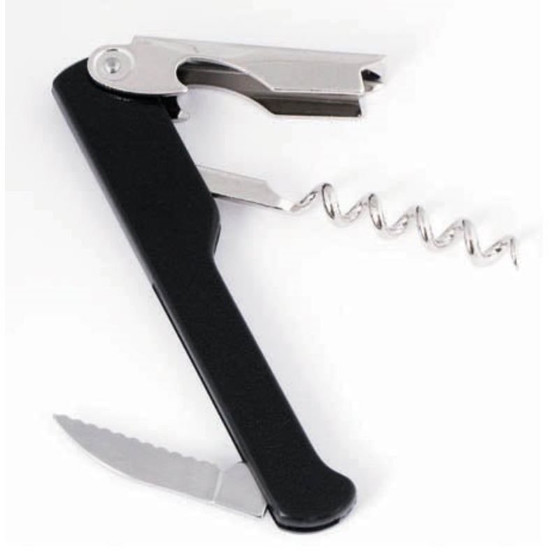 Winco CO-712 Economy Stainless Steel Waiter's Corkscrew with Foil Cutter & Bottle Cap Opener 8-1/4"L - Black - 12/Case