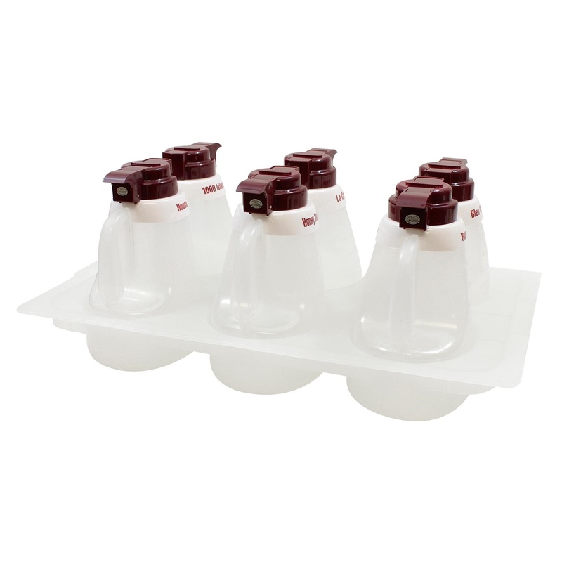 TableCraft 483 Salad Dressing Dispenser Set - with Tray, (6) Dispensers, and Maroon Tops