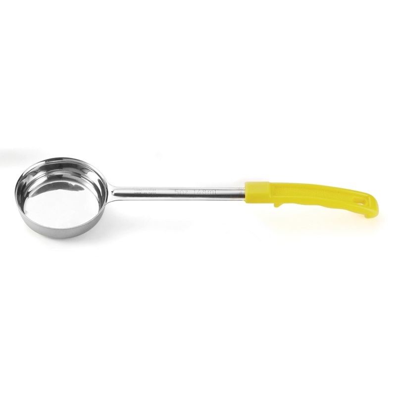 TableCraft 6705 Stainless Steel One-Piece Solid Spoonout Spoodle / Portion Control Spoon with Yellow Plastic Handle 5 oz.