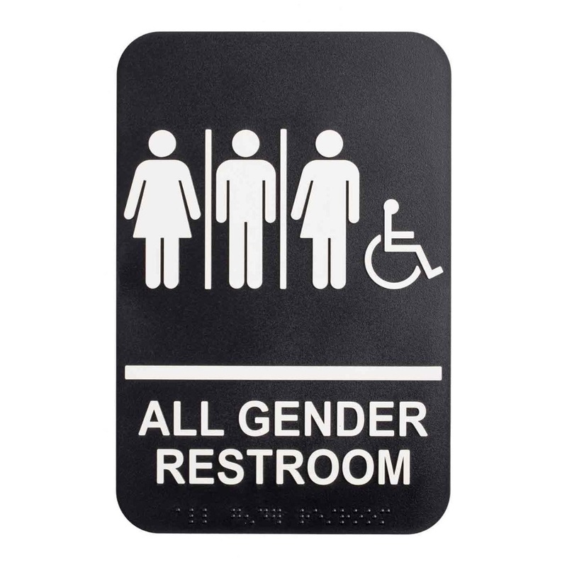 TableCraft 695652 Plastic ADA "All Gender Restroom" Restroom Sign with Braille 6" x 9" - Black / White - 72/Case