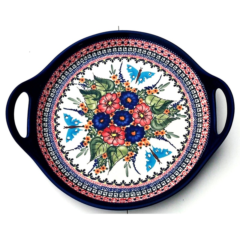 Polish Pottery 12.5" Round Stoneware Handled Platter Butterfy Merry Making