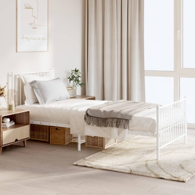 Cadre de lit mtal sans matelas avec pied de lit blanc 90x200cm