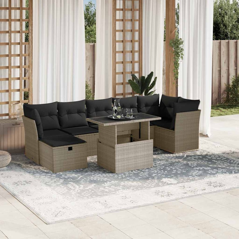Salon de jardin 8 pcs avec coussins gris clair rsine tresse