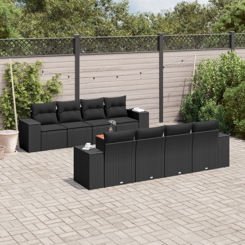 Salon de jardin 9 pcs avec coussins noir rsine tresse