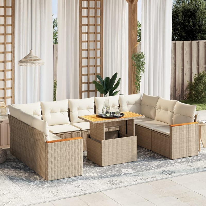 Salon de jardin avec coussins 10 pcs beige rsine tresse